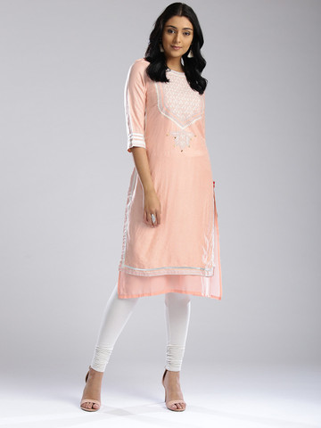 W Women Peach-Coloured Woven Design Straight Kurta W Women Peach-Coloured Woven Design Straight Kurta