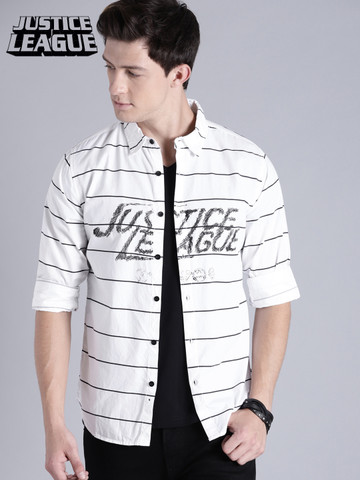 Justice League Men White & Black Striped Casual Shirt