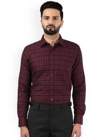 Buy Raymond Men Maroon Navy Blue Regular Fit Checked Casual