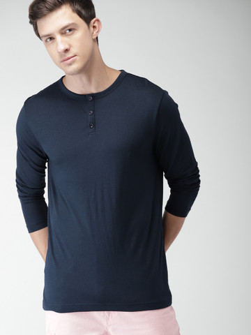 FOREVER 21 Men Navy Blue Solid Henley T-shirt