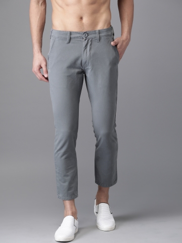 HERE&NOW Men Grey Slim Fit Solid Regular Cropped Trousers HERE&NOW Men Grey Slim Fit Solid Regular Cropped Trousers