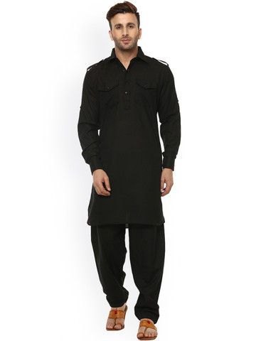 Hangup Men Black Solid Pathani Kurta