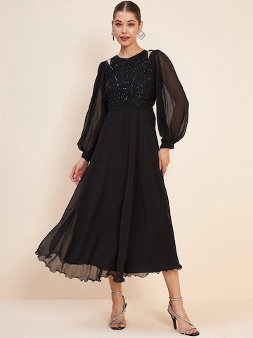 Antheaa Black Puff Sleeve Embellished Detail Fit & Flare Dress