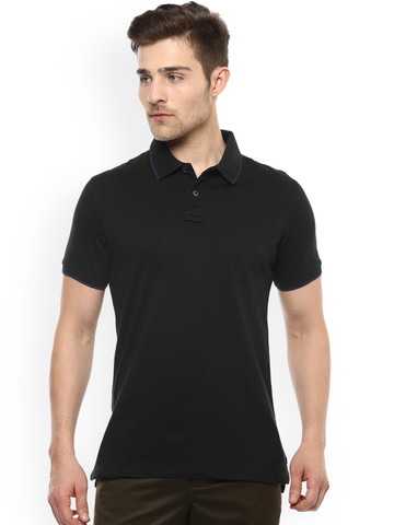 Peter England Casuals Men Black Solid Polo Collar T-shirt
