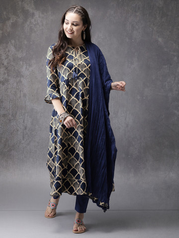 Anouk Women Blue & Beige Printed Kurta with Trousers and Dupatta Anouk Women Blue & Beige Printed Kurta with Trousers and Dupatta