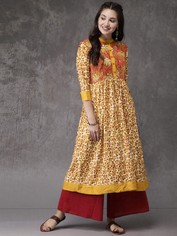 Anouk Women Maroon & Mustard Yellow Abstract Printed A-Line Kurta
