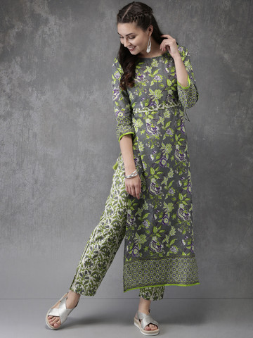 Anouk Women Grey & Green Printed Kurta with Trousers Anouk Women Grey & Green Printed Kurta with Trousers