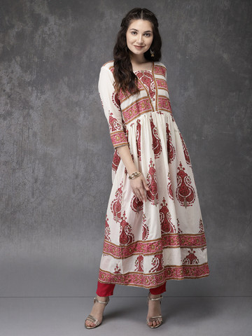 Anouk Women Off-White & Pink Printed A-Line Kurta Anouk Women Off-White & Pink Printed A-Line Kurta