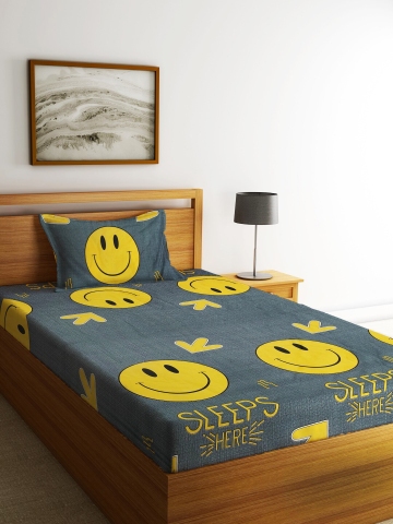 Fashion String Yellow & Grey Graphic Microfiber 144 TC Single Bedsheet With 1 Pillow Cover