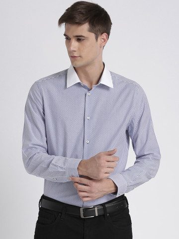 Splash Men White & Blue Slim Fit Striped Formal Shirt