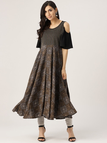 IMARA Women Black & Beige Cold Shoulder Anarkali Kurta