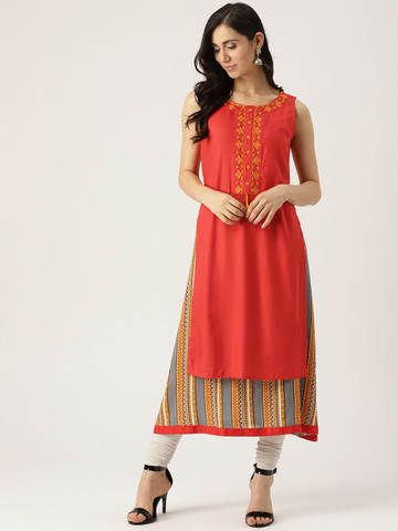 IMARA Women Orange & Mustard Yellow Layered A-Line Kurta