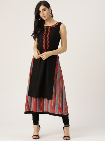 IMARA Women Black & Red Layered A-Line Kurta