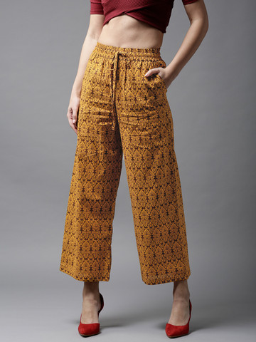 HERE&NOW Women Mustard Yellow & Brown Printed Wide Leg Cropped Palazzos
