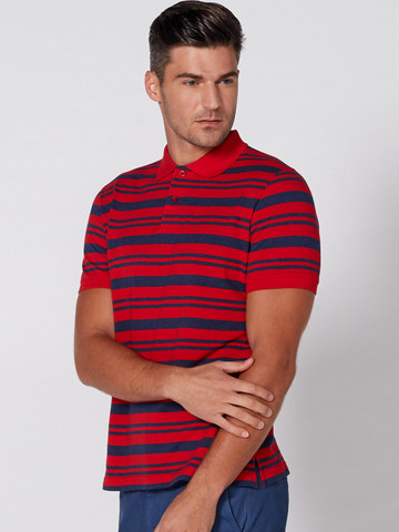 Splash Men Red & Navy Striped Polo Collar T-shirt