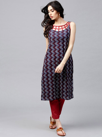 AKS Women Navy & Red Printed Straight Kurta