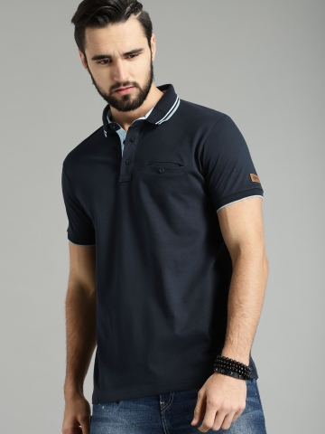 Buy Roadster Men Navy Blue Solid Polo T-shirt with Dual Tipping on ...