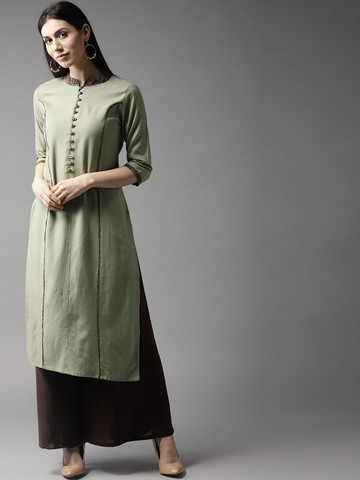 HERE&NOW Women Green Solid Straight Kurta