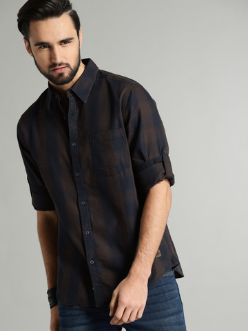 Roadster Time Travlr Men Navy Blue & Brown Regular Fit Checked Casual Shirt Roadster Time Travlr Men Navy Blue & Brown Regular Fit Checked Casual Shirt