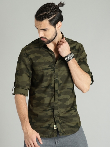 Roadster Men Grey & Olive Green Camouflage Printed Casual Sustainable Shirt