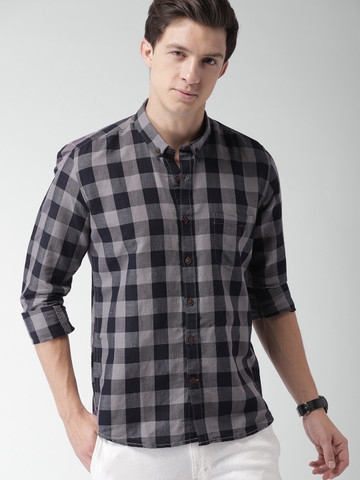 Mast & Harbour Men Charcoal Grey & Black Slim Fit Checked Casual Shirt