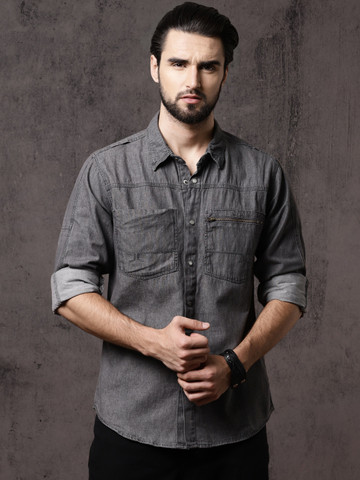 Roadster Men Grey Regular Fit Solid Casual Utility Shirt