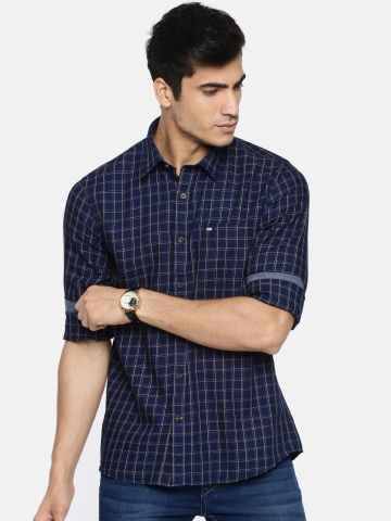 Buy Arrow Sport Men Navy Blue Yellow Classic Slim Fit Checked