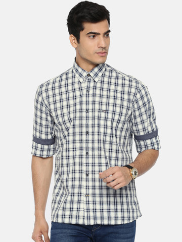 Arrow Sport Men White & Navy Blue Classic Regular Fit Checked Casual Shirt