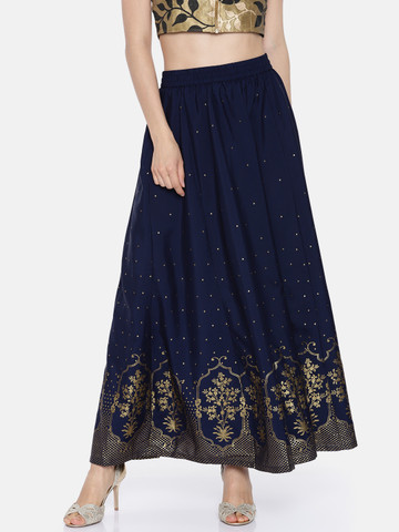 AURELIA Navy & Golden Printed Flared Maxi Skirt