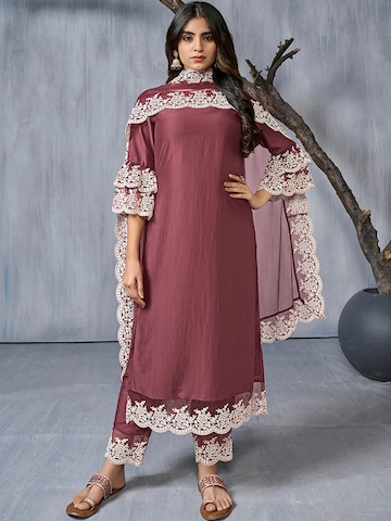 Inddus Floral Embroidered Regular Thread Work Kurta With Trousers & Dupatta
