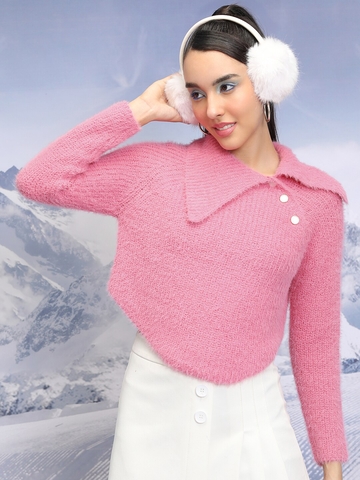 Tokyo Talkies Pink Abstract Self Design Asymmetric Collar Acrylic Pullover Crop Sweater
