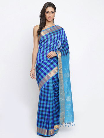 The Chennai Silks Blue Silk Cotton Checked Kota Saree