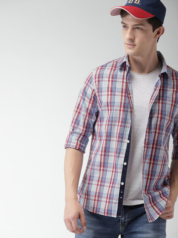 Harvard Men Blue & Red Slim Fit Checked Casual Shirt