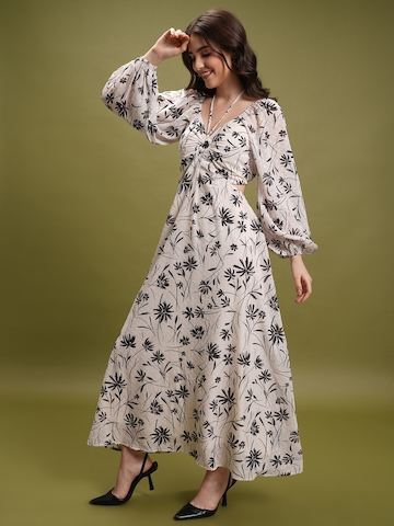 Tokyo Talkies Off White Floral Printed Tie Up Neck Puff Sleeve Cut Out Maxi Dress