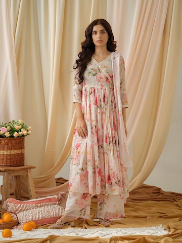 House of Pataudi Floral Printed V-Neck Empire A-Line Kurta and Trousers With Dupatta