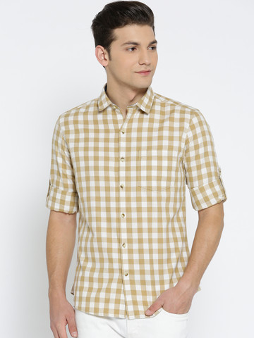 John Players Men Mustard Yellow & White Trim Fit Checked Casual Shirt