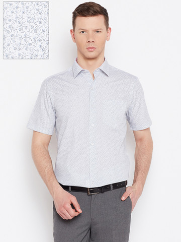 John Players Men White & Navy Blue Slim Fit Printed Formal Shirt