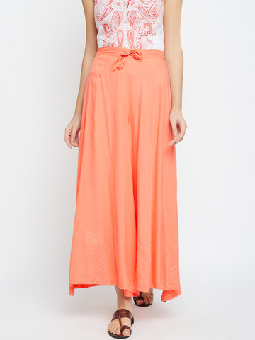 Biba Women Coral Orange Flared Printed Detail Palazzos