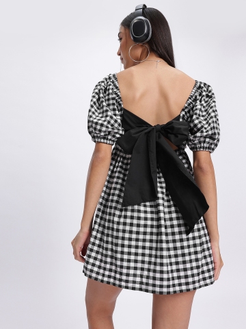 glitchez Bow-Tiful Monochrome Muse Fit & Flare Mini Dress