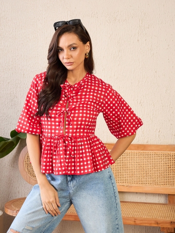 Uptownie Checkered Cotton Tie-Up Peplum Top