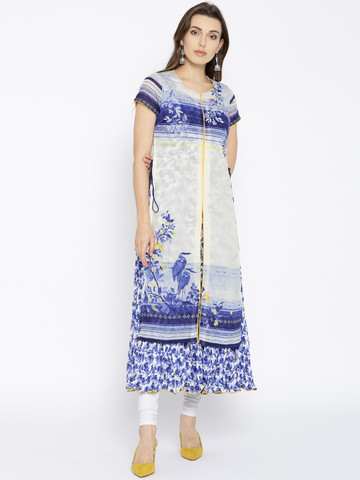 Biba Women Off-White & Blue Printed Layered A-Line Kurta