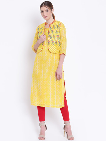 Biba Women Yellow & White Printed Straight Kurta With Jacket