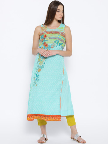 Biba Women Green Printed Layered A-Line Kurta Biba Women Green Printed Layered A-Line Kurta
