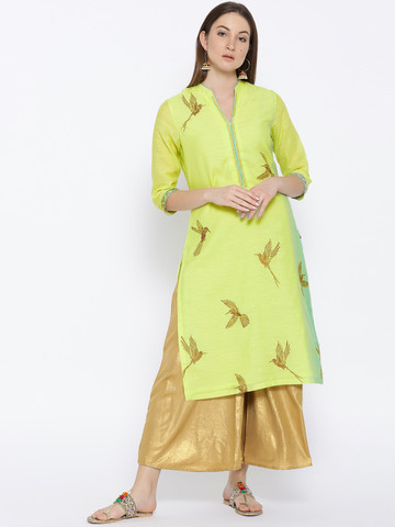 Biba Women Green Quirky Printed Straight Kurta