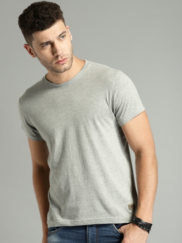 Buy Roadster Men Grey Melange Solid Round Neck T Shirt - Tshirts