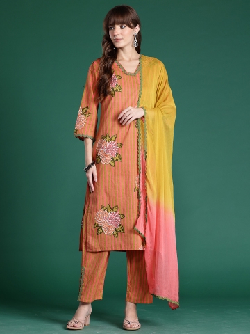 Indo Era Striped Beads & Stones Pure Cotton Kurta With Trousers & Dupatta