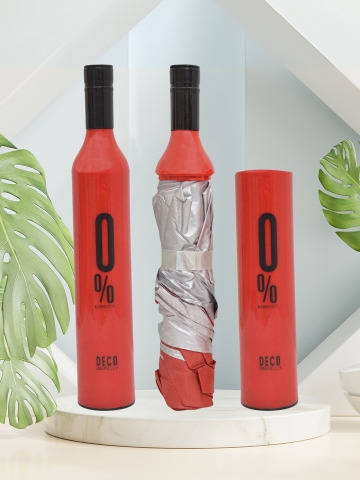 FABINALIV Red & White Solid Waterproof 3 Fold Compact Bottle Umbrella