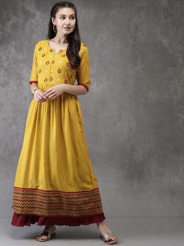 Anouk Women Mustard Woven Design A-Line Kurta
