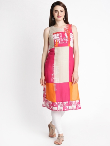 Buy RANGMANCH BY PANTALOONS Women Pink & Orange Printed Straight Kurta on  Myntra