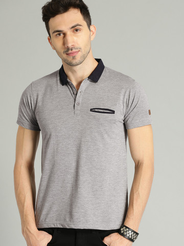 Roadster Men Grey Melange Solid Polo Collar T-shirt